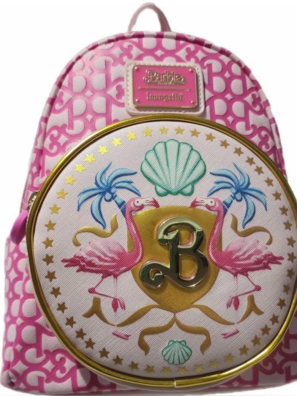Loungefly x Barbie Pink Backpack with Gold Crest and Flamingo Motif